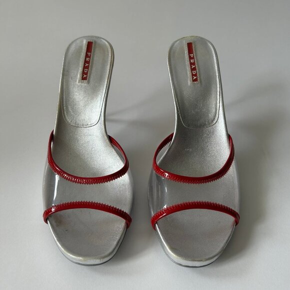 PRADA VINTAGE Y2K PVC RED SILVER HEELS - Picture 2 of 7